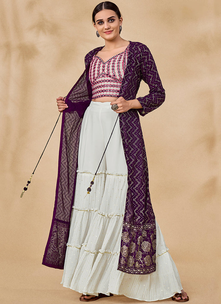 Purple And White Embroidered Jacket Style Palazzo Suit Clothsvilla