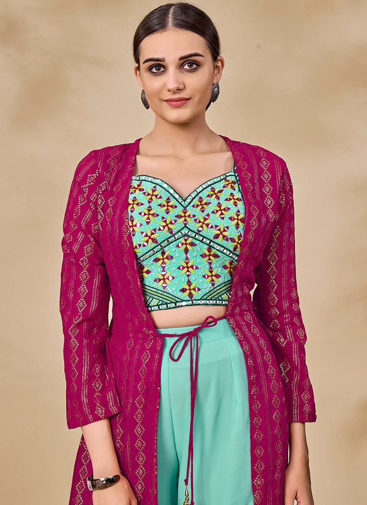 Pink And Blue Embroidered Jacket Style Palazzo Suit Clothsvilla