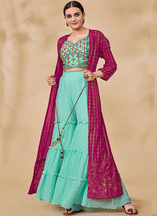 Pink And Blue Embroidered Jacket Style Palazzo Suit Clothsvilla