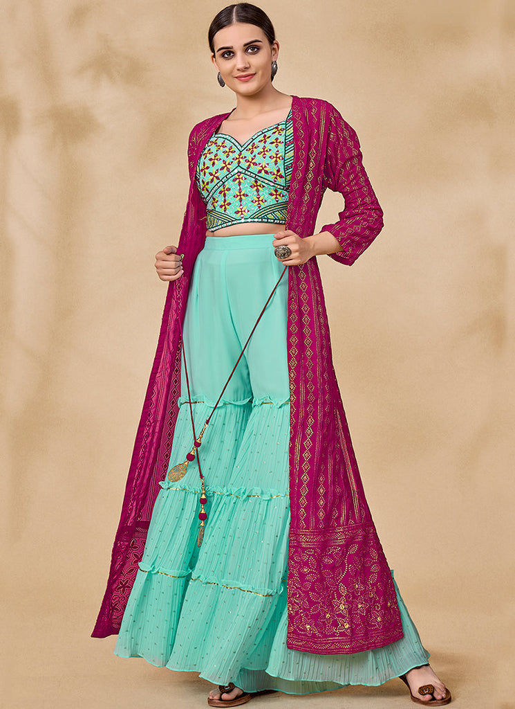 Pink And Blue Embroidered Jacket Style Palazzo Suit Clothsvilla