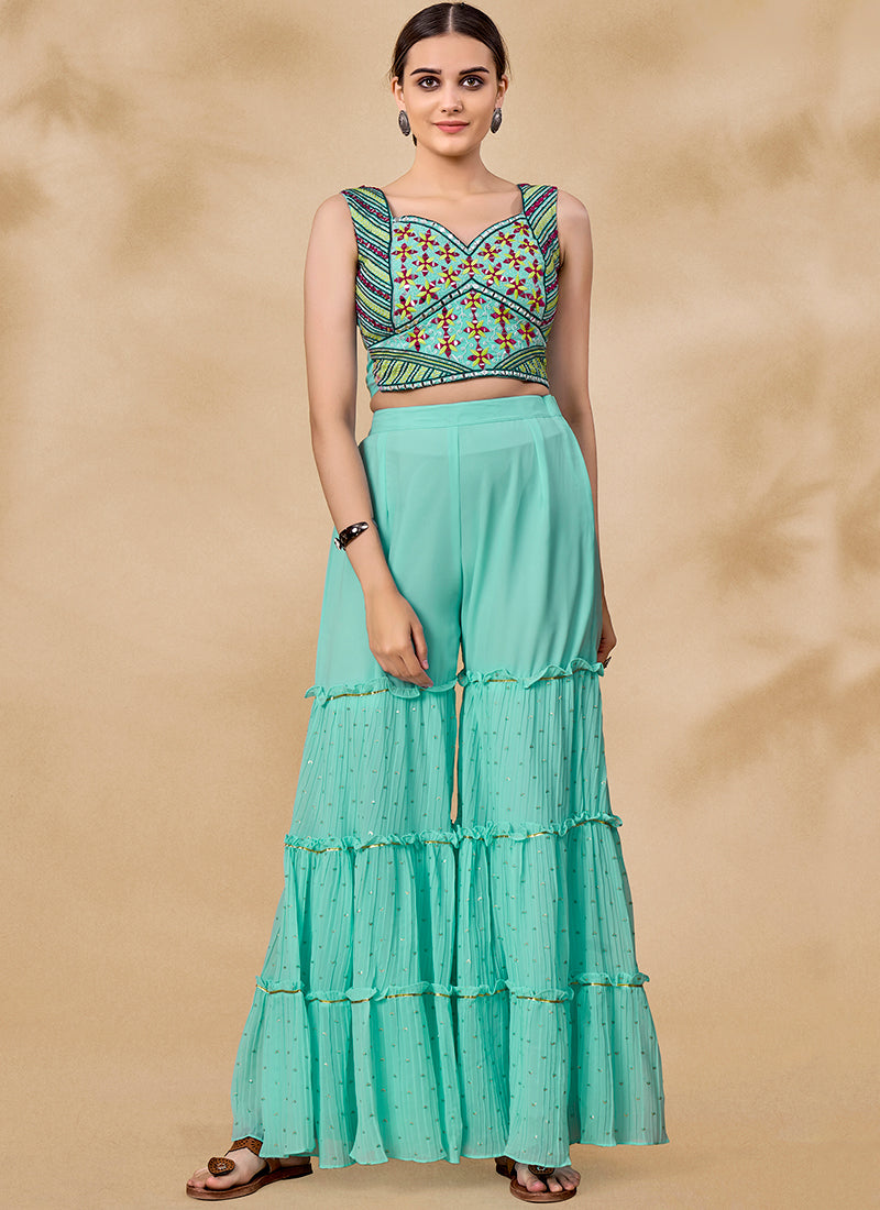 Pink And Blue Embroidered Jacket Style Palazzo Suit Clothsvilla
