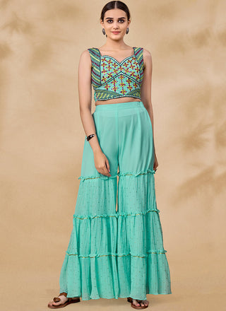Pink And Blue Embroidered Jacket Style Palazzo Suit Clothsvilla
