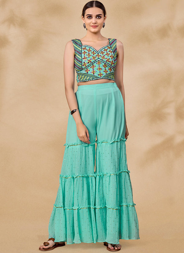 Pink And Blue Embroidered Jacket Style Palazzo Suit Clothsvilla