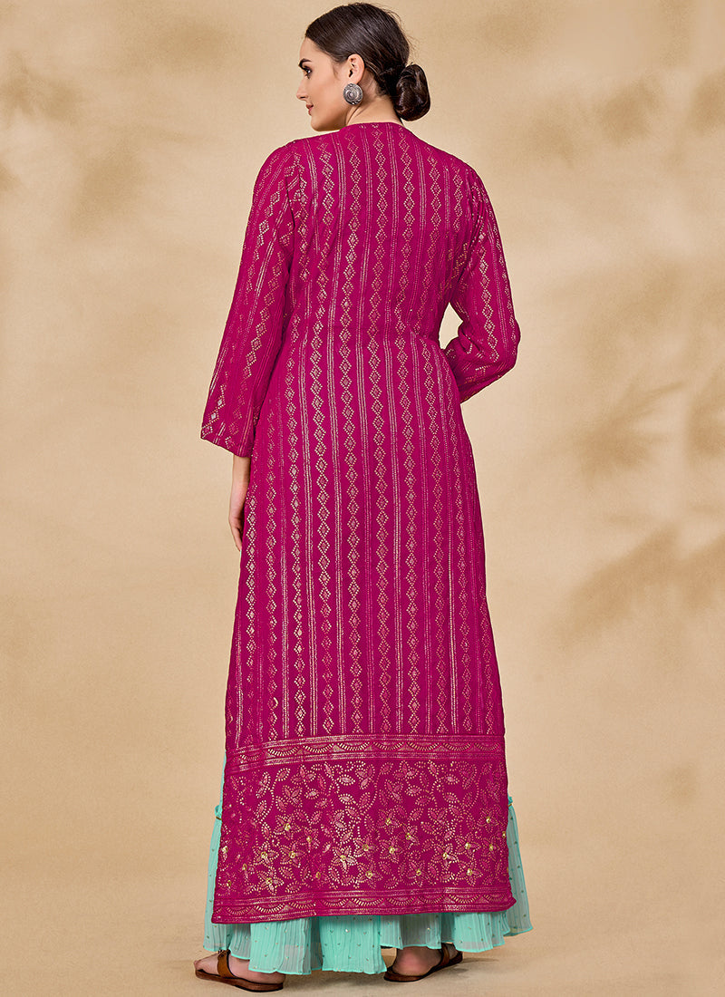 Pink And Blue Embroidered Jacket Style Palazzo Suit Clothsvilla