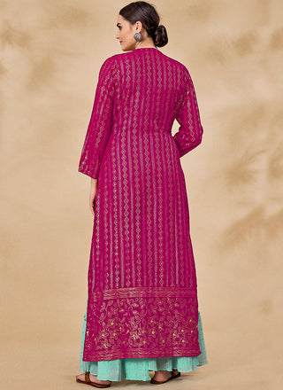 Pink And Blue Embroidered Jacket Style Palazzo Suit Clothsvilla