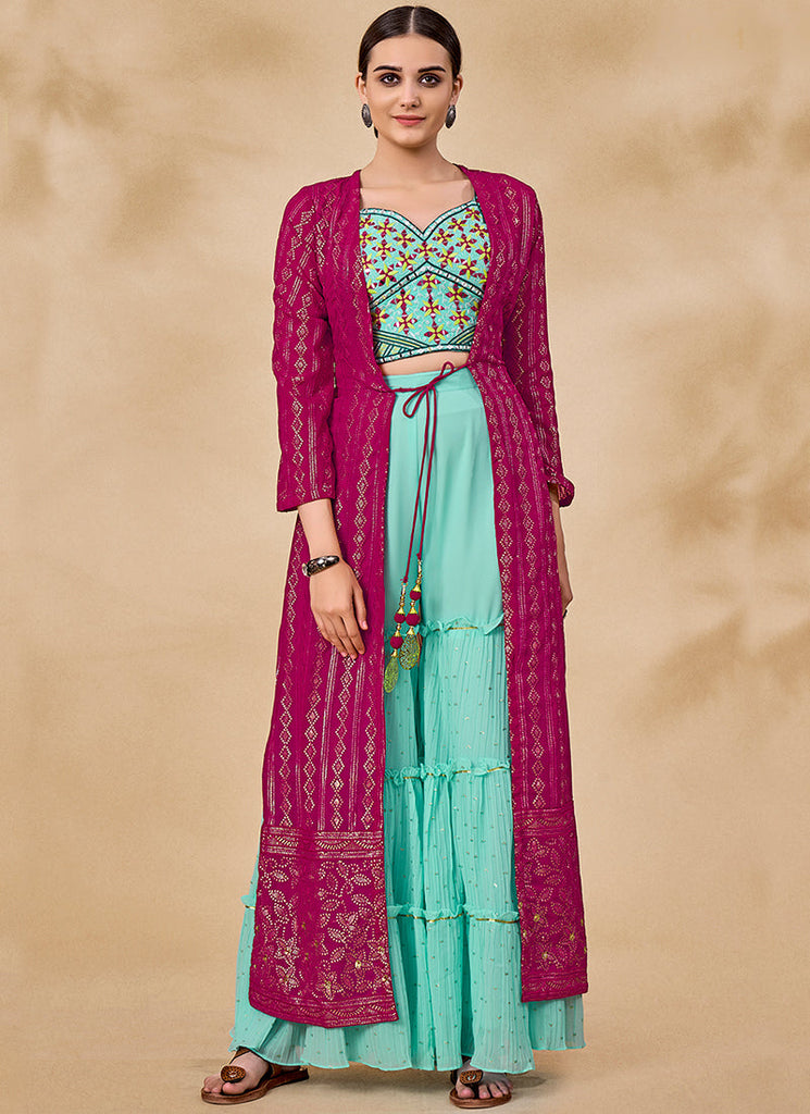 Pink And Blue Embroidered Jacket Style Palazzo Suit Clothsvilla