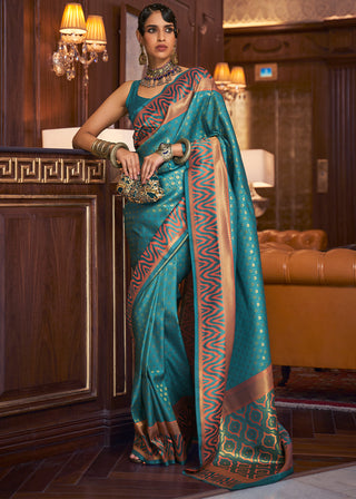 Olympic Blue Handloom Woven Banarasi Silk Saree Clothsvilla