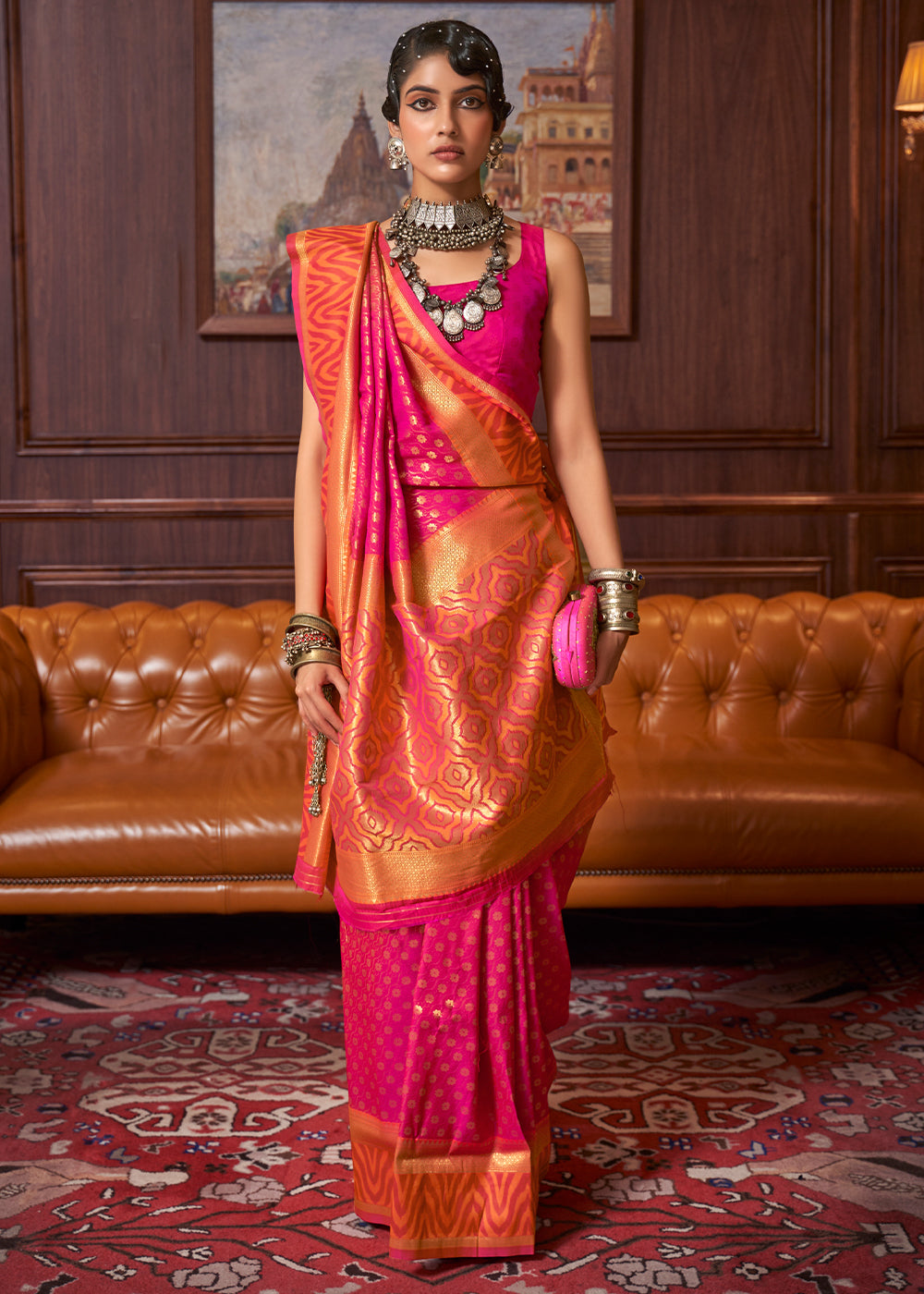 Hot Pink Handloom Woven Banarasi Silk Saree Clothsvilla Main image
