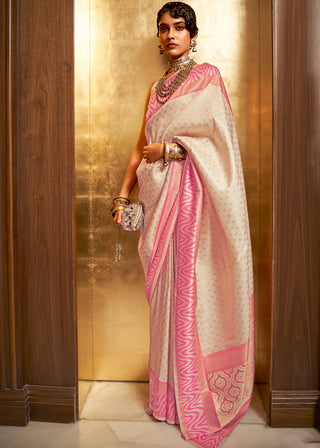 Ivory White Handloom Woven Banarasi Silk Saree Clothsvilla