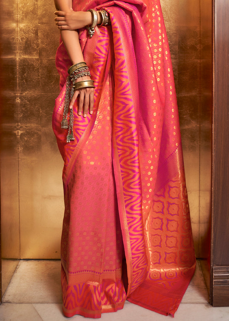 Fiery Rose Pink Handloom Woven Banarasi Silk Saree Clothsvilla