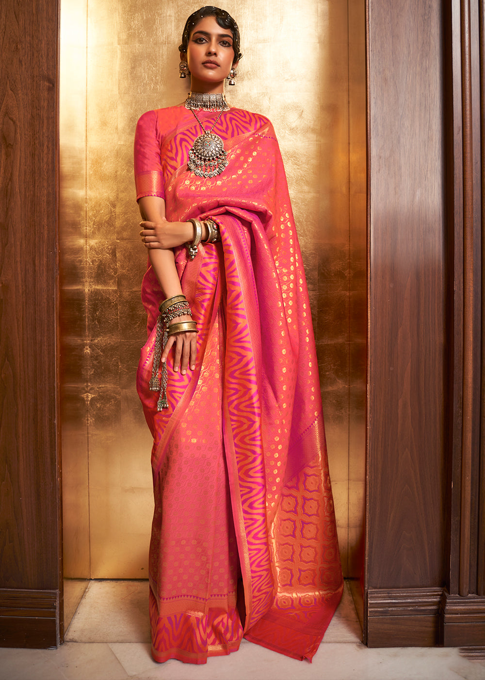 Fiery Rose Pink Handloom Woven Banarasi Silk Saree Clothsvilla Main image