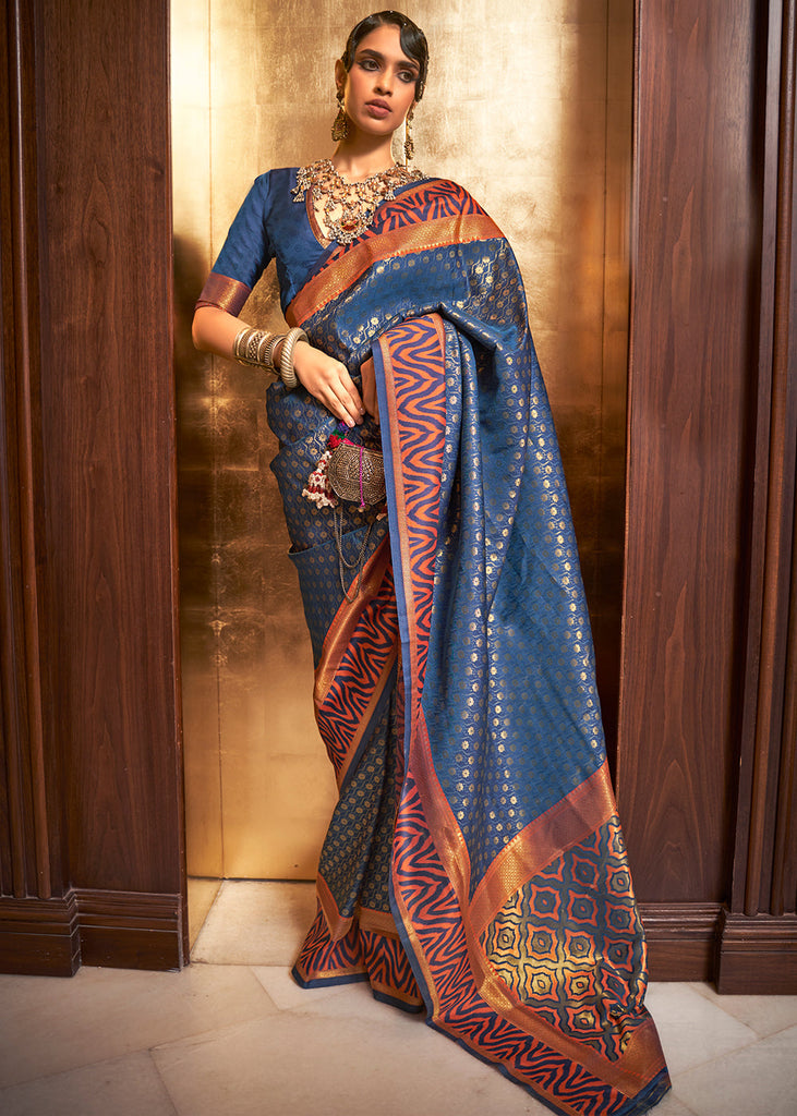 Azure Blue Handloom Woven Banarasi Silk Saree Clothsvilla