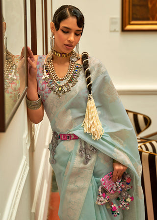 Light Blue Handloom Woven Silk Saree with Kashmiri Pallu Clothsvilla