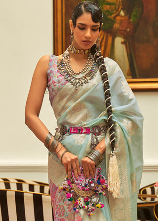 Light Blue Handloom Woven Silk Saree with Kashmiri Pallu Clothsvilla
