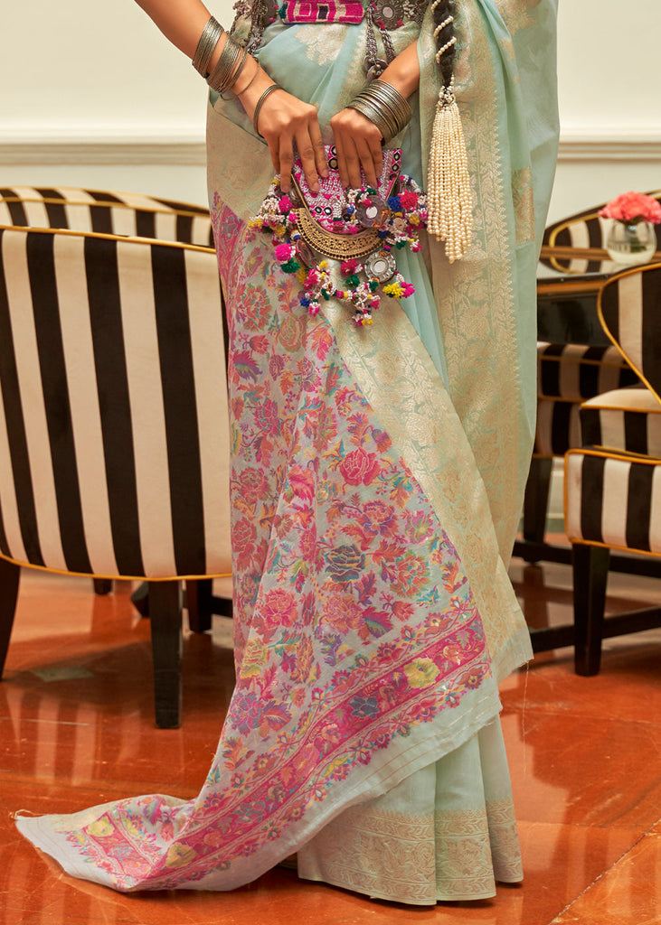 Light Blue Handloom Woven Silk Saree with Kashmiri Pallu Clothsvilla
