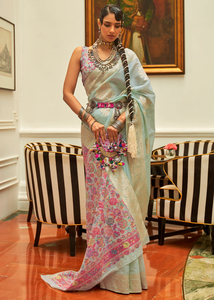 Light Blue Handloom Woven Silk Saree with Kashmiri Pallu Clothsvilla
