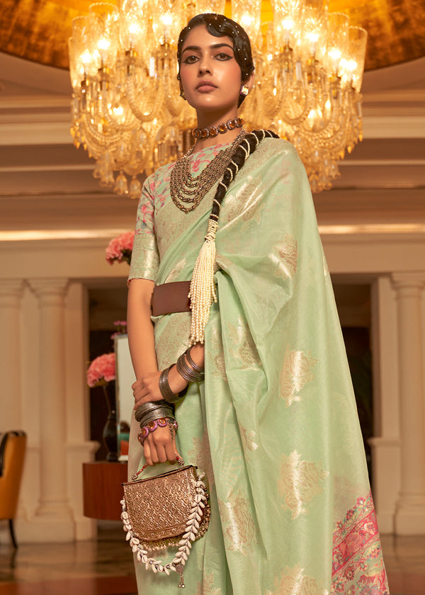 Tea Green Handloom Woven Silk Saree with Kashmiri Pallu Clothsvilla