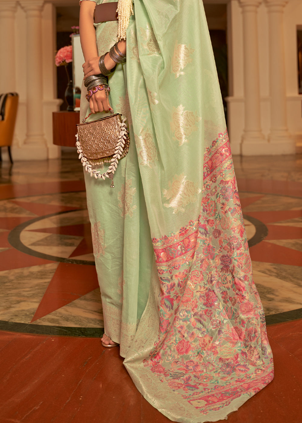 Tea Green Handloom Woven Silk Saree with Kashmiri Pallu Clothsvilla