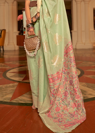 Tea Green Handloom Woven Silk Saree with Kashmiri Pallu Clothsvilla