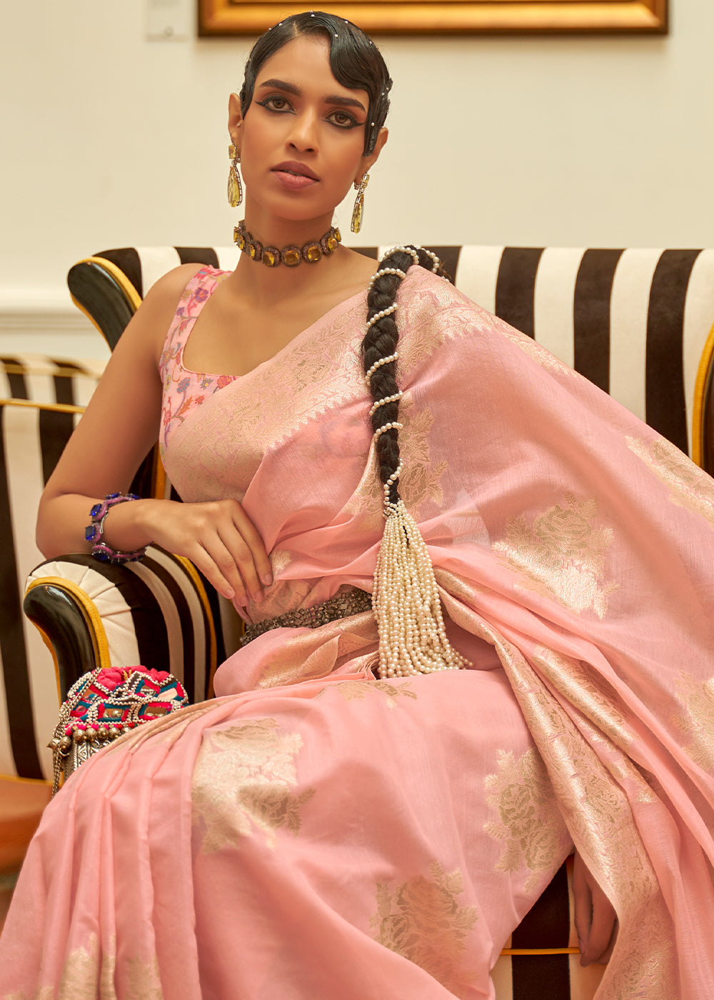 Lemonade Pink Handloom Woven Silk Saree with Kashmiri Pallu Secondary image