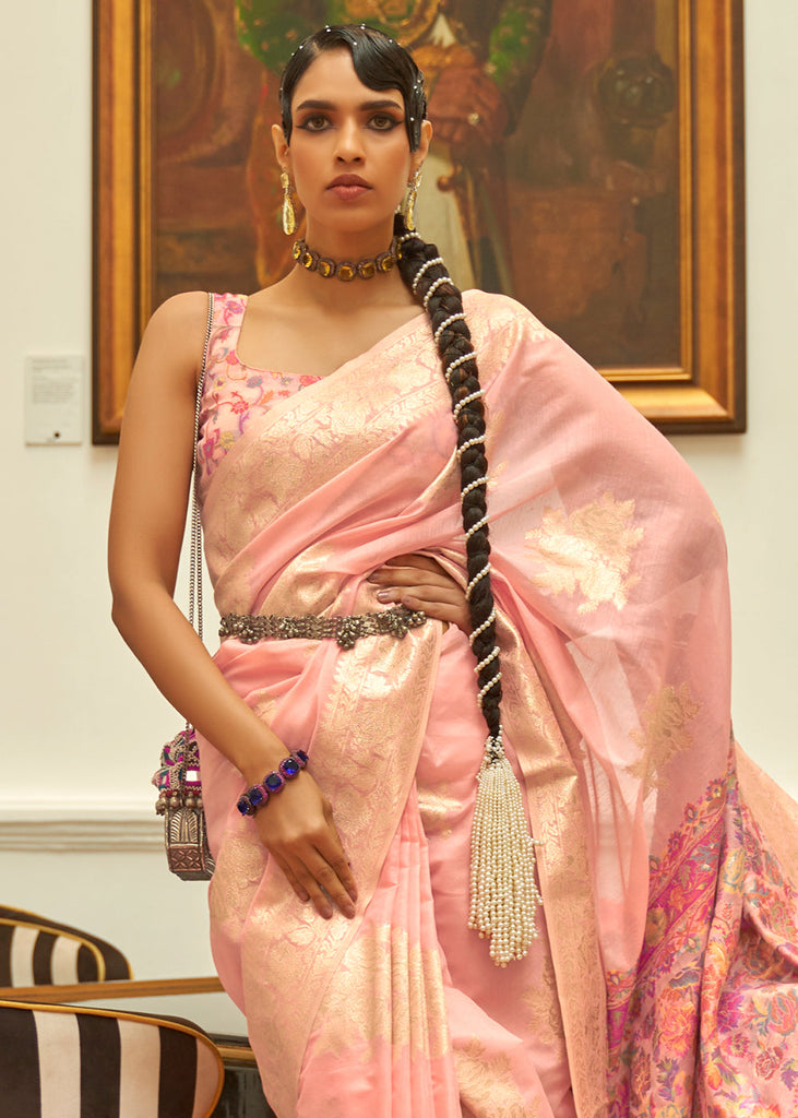 Lemonade Pink Handloom Woven Silk Saree with Kashmiri Pallu Clothsvilla