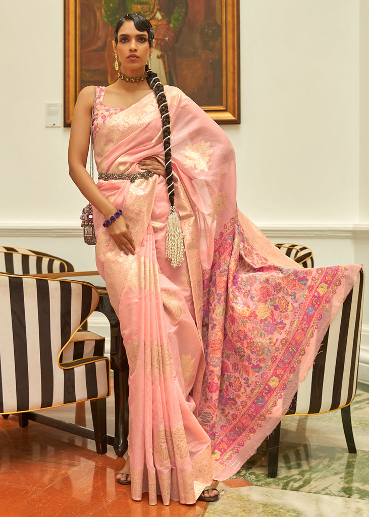 Lemonade Pink Handloom Woven Silk Saree with Kashmiri Pallu Clothsvilla