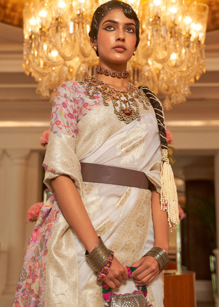 Pearl White Handloom Woven Silk Saree with Kashmiri Pallu Clothsvilla