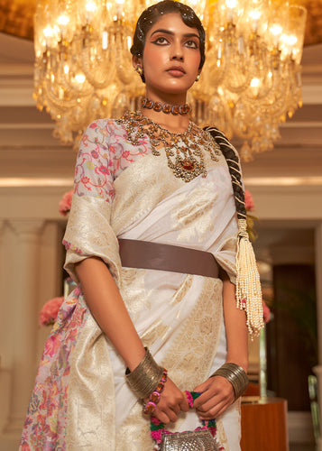 Pearl White Handloom Woven Silk Saree with Kashmiri Pallu Clothsvilla