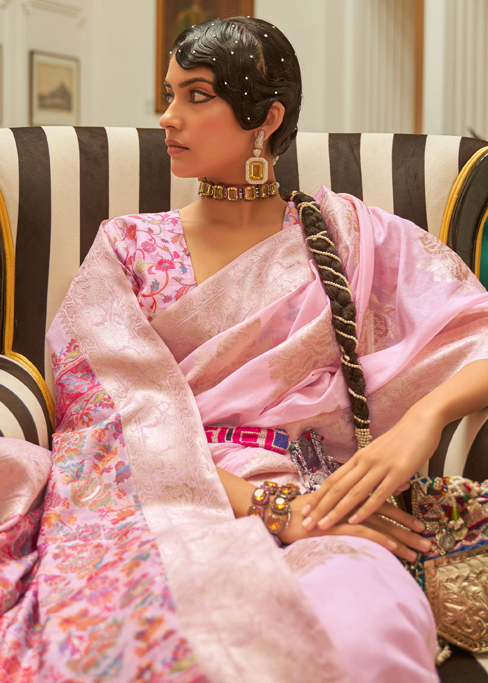 Baby Pink Handloom Woven Silk Saree with Kashmiri Pallu Clothsvilla