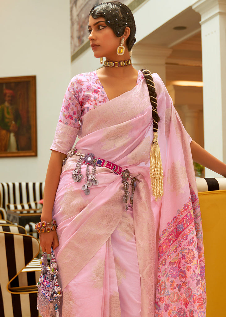 Baby Pink Handloom Woven Silk Saree with Kashmiri Pallu Clothsvilla