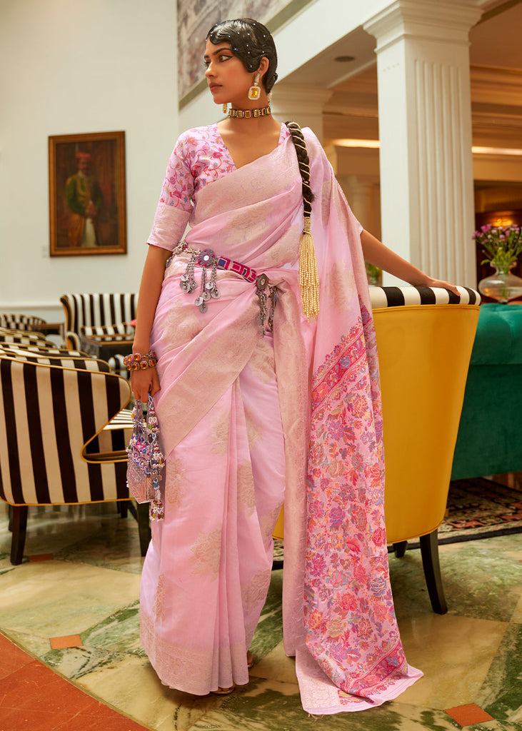 Baby Pink Handloom Woven Silk Saree with Kashmiri Pallu Clothsvilla