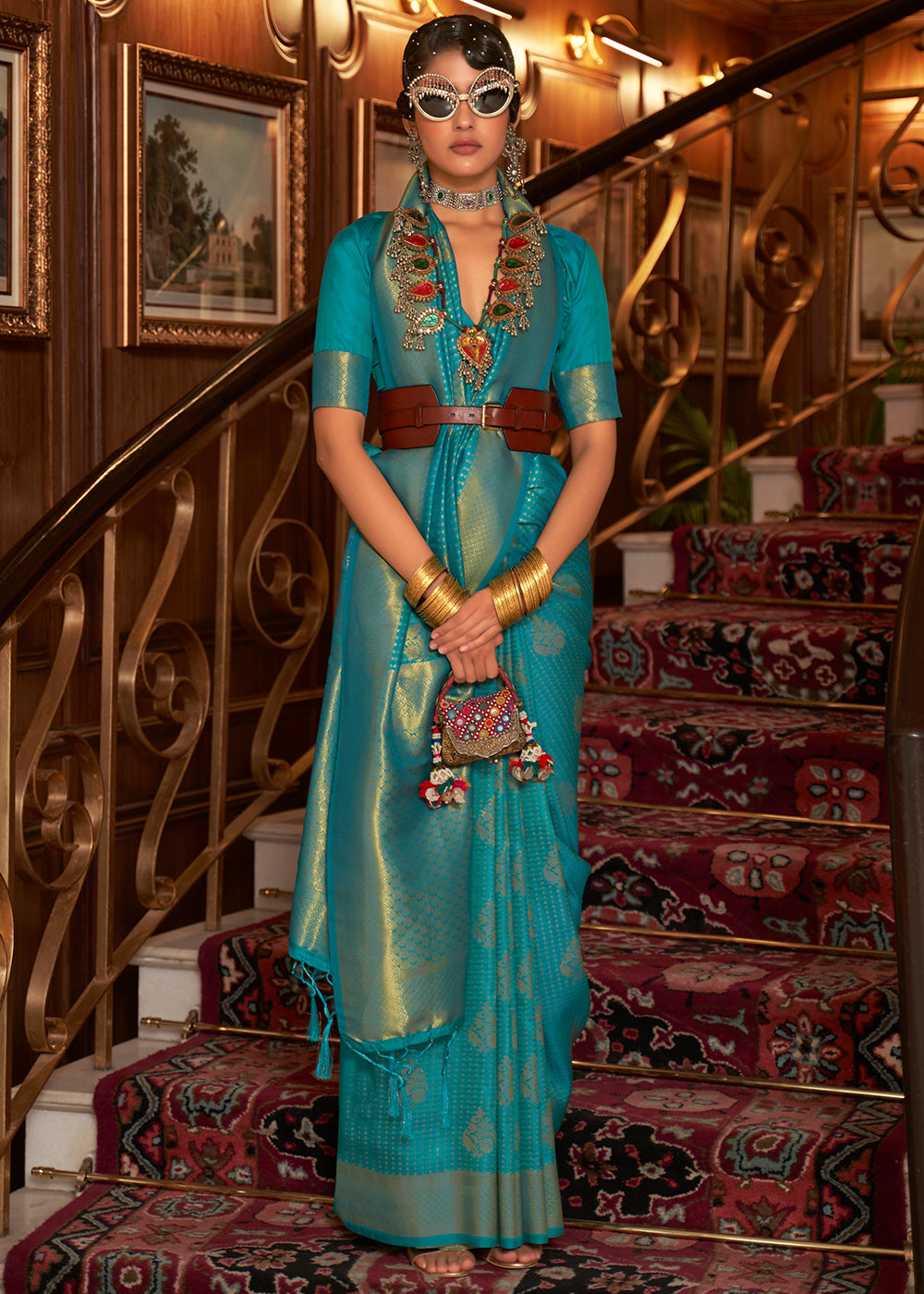 Teal Blue Woven Banarasi Silk Saree Clothsvilla Main image