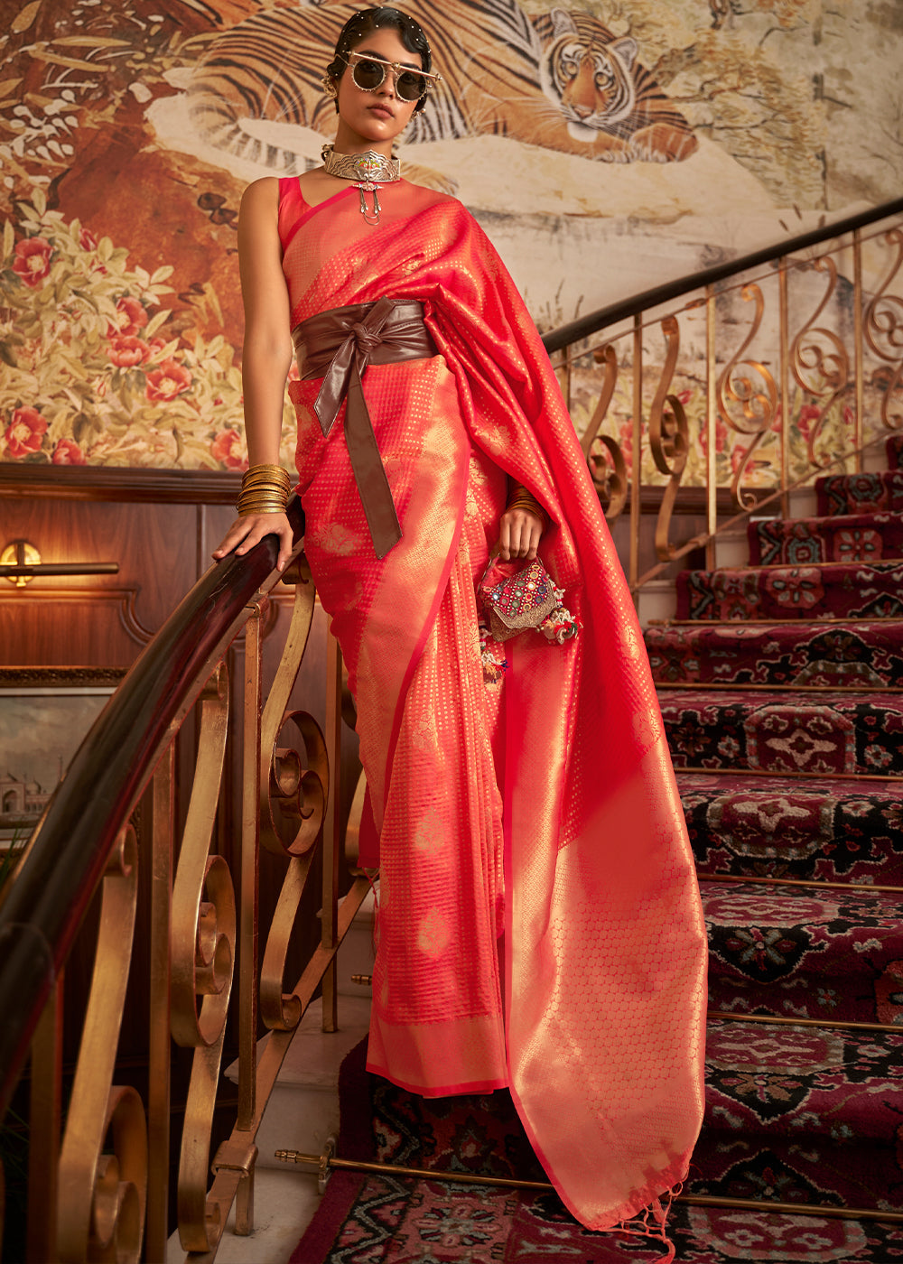 Brink Pink Woven Banarasi Silk Saree Clothsvilla Main image