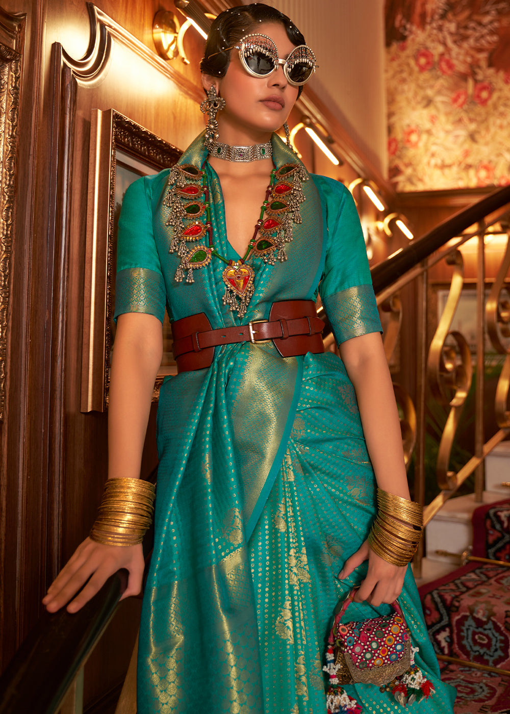 Turtle Green Woven Banarasi Silk Saree Secondary image