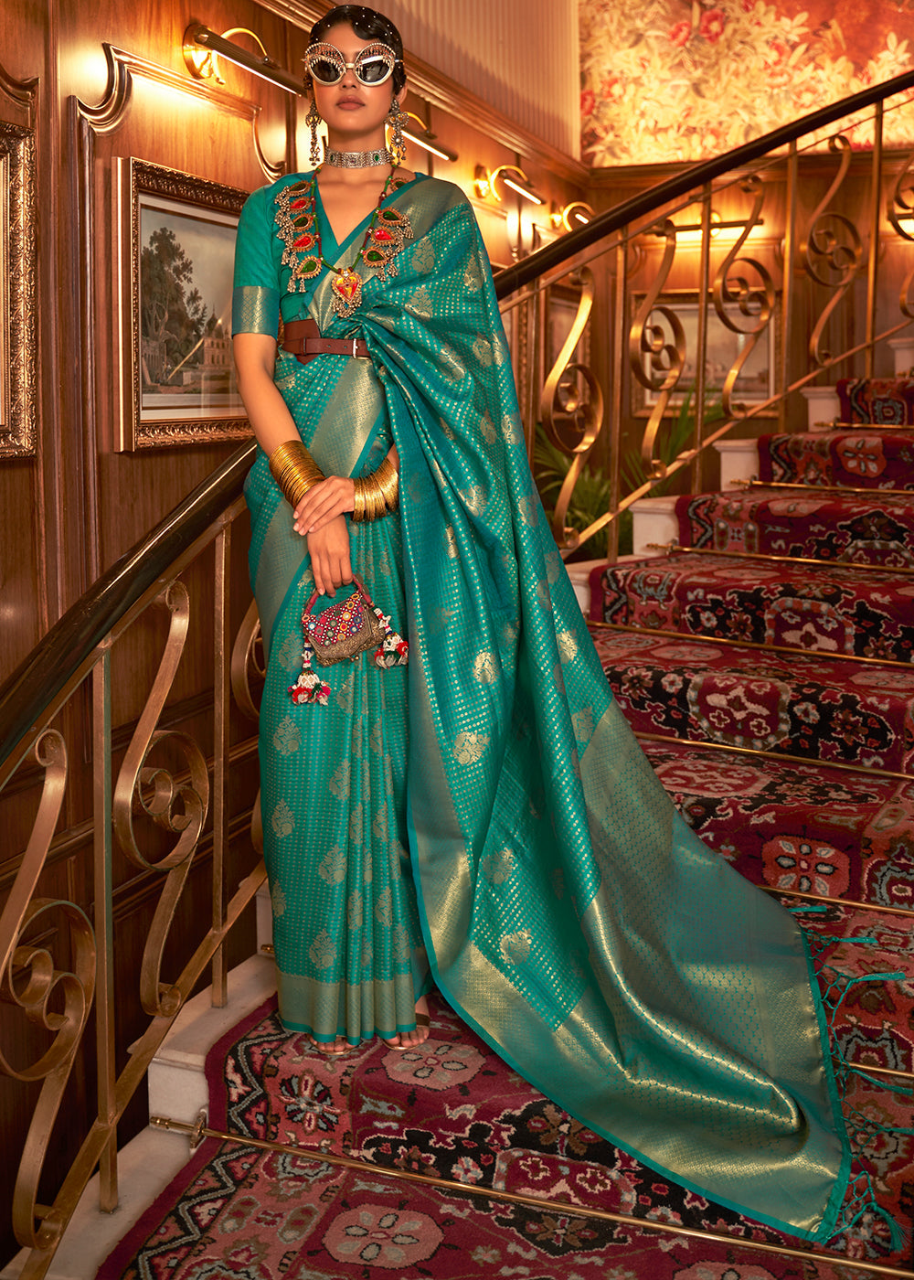 Turtle Green Woven Banarasi Silk Saree Clothsvilla Main image