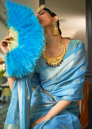 Azure Blue Handloom Weave Organza Silk Saree Clothsvilla