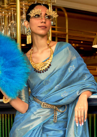 Azure Blue Handloom Weave Organza Silk Saree Clothsvilla