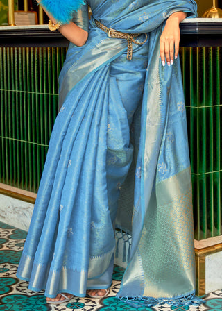 Azure Blue Handloom Weave Organza Silk Saree Clothsvilla
