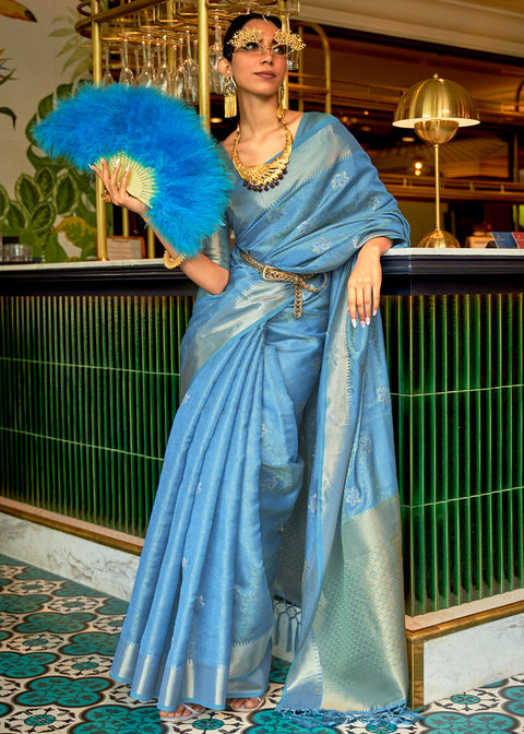 Azure Blue Handloom Weave Organza Silk Saree Clothsvilla Main image