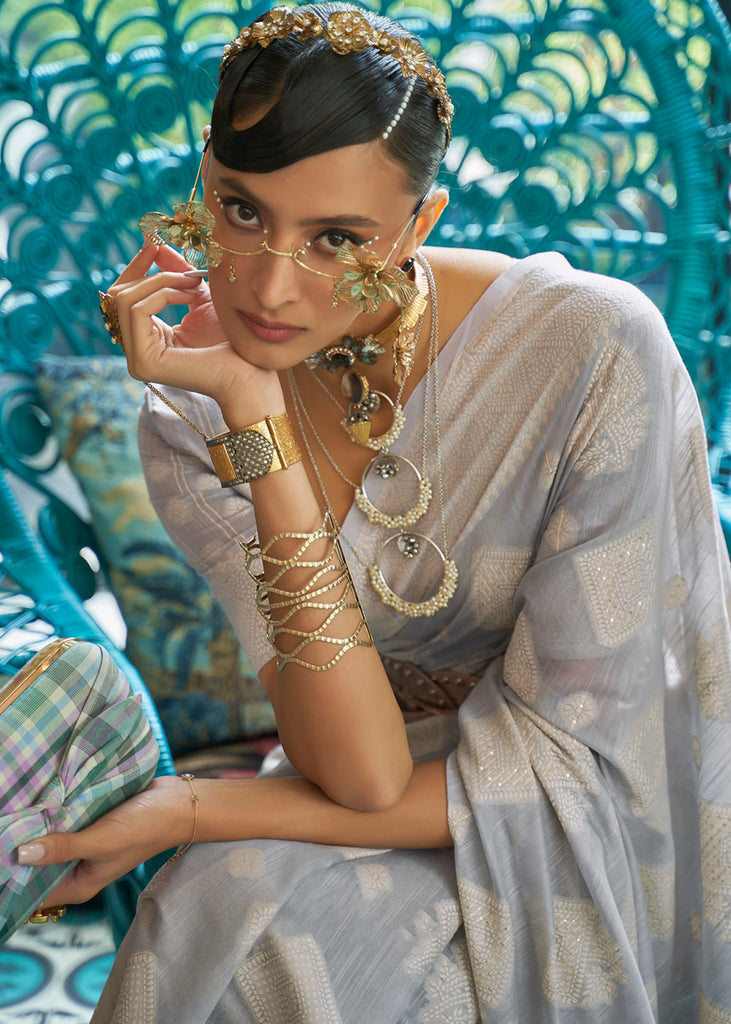 Shades Of Grey Chikankari Weaving Silk Saree with Sequins work Clothsvilla