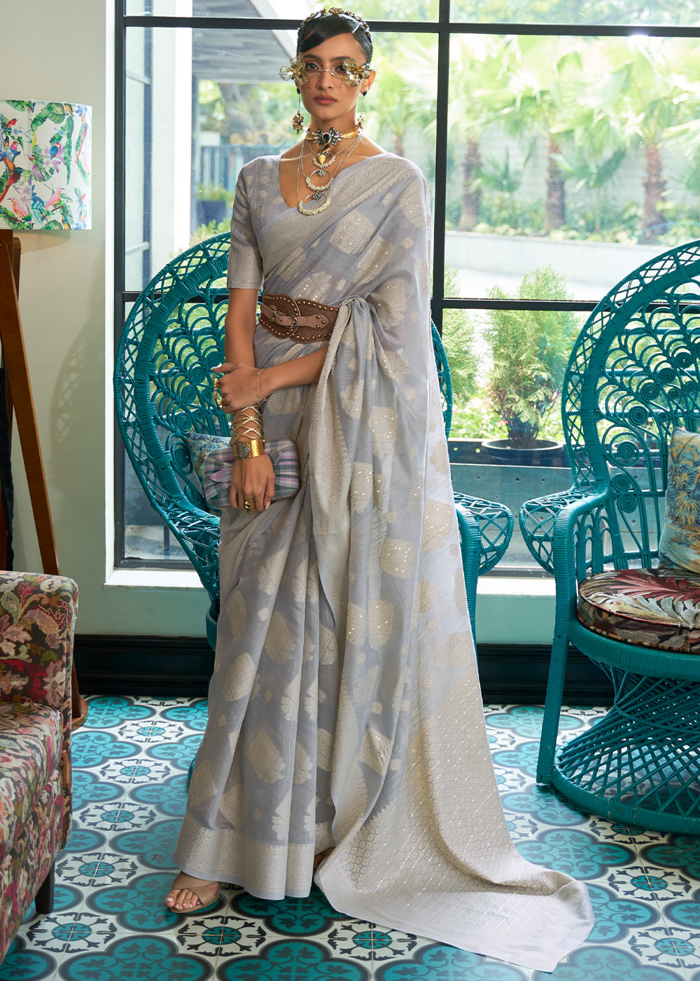 Shades Of Grey Chikankari Weaving Silk Saree with Sequins work Clothsvilla Main image