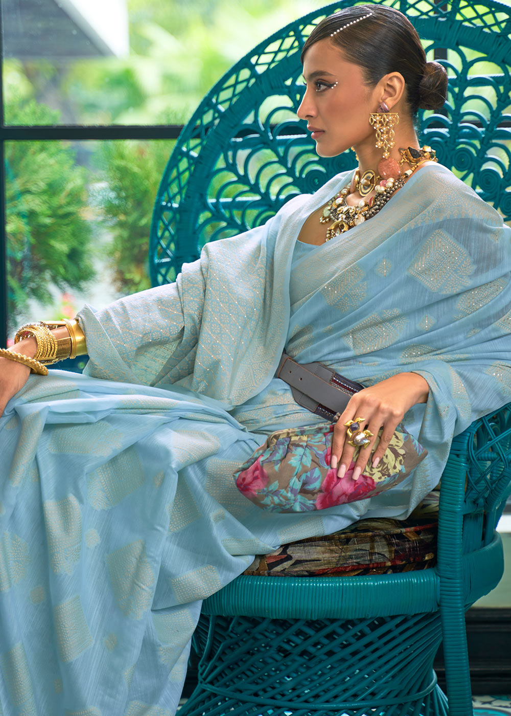 Baby Blue Chikankari Weaving Silk Saree with Sequins work Clothsvilla