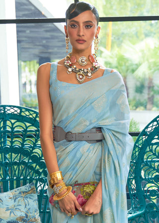 Baby Blue Chikankari Weaving Silk Saree with Sequins work Clothsvilla