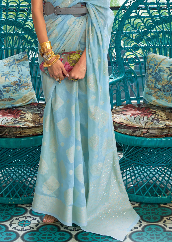 Baby Blue Chikankari Weaving Silk Saree with Sequins work Clothsvilla