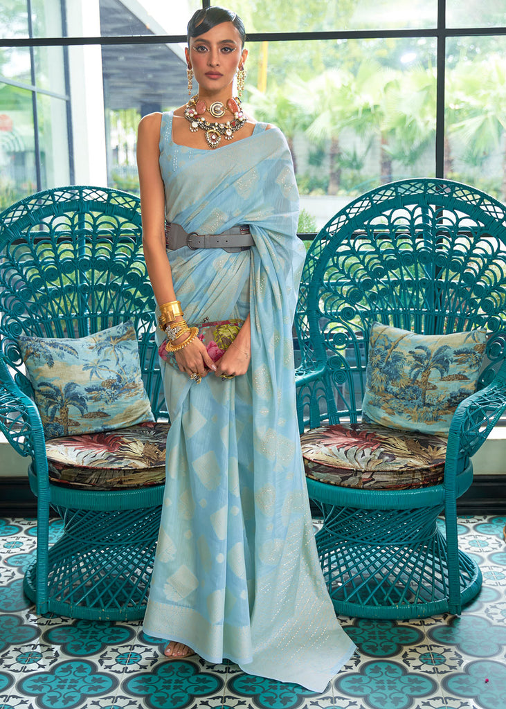 Baby Blue Chikankari Weaving Silk Saree with Sequins work Clothsvilla