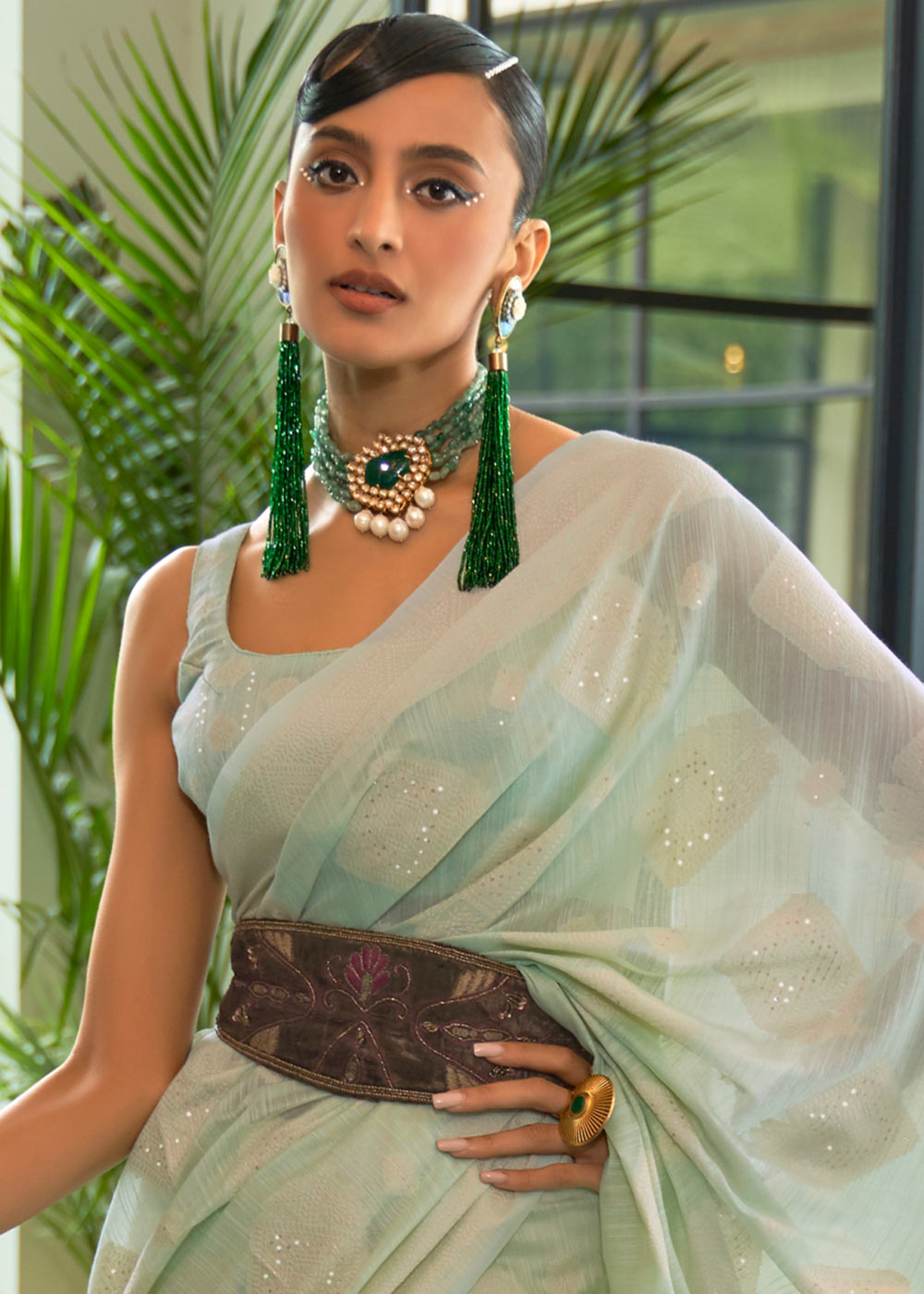 Shades Of Green Chikankari Weaving Silk Saree with Sequins work Clothsvilla