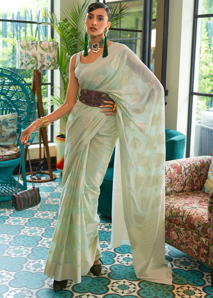 Shades Of Green Chikankari Weaving Silk Saree with Sequins work Clothsvilla