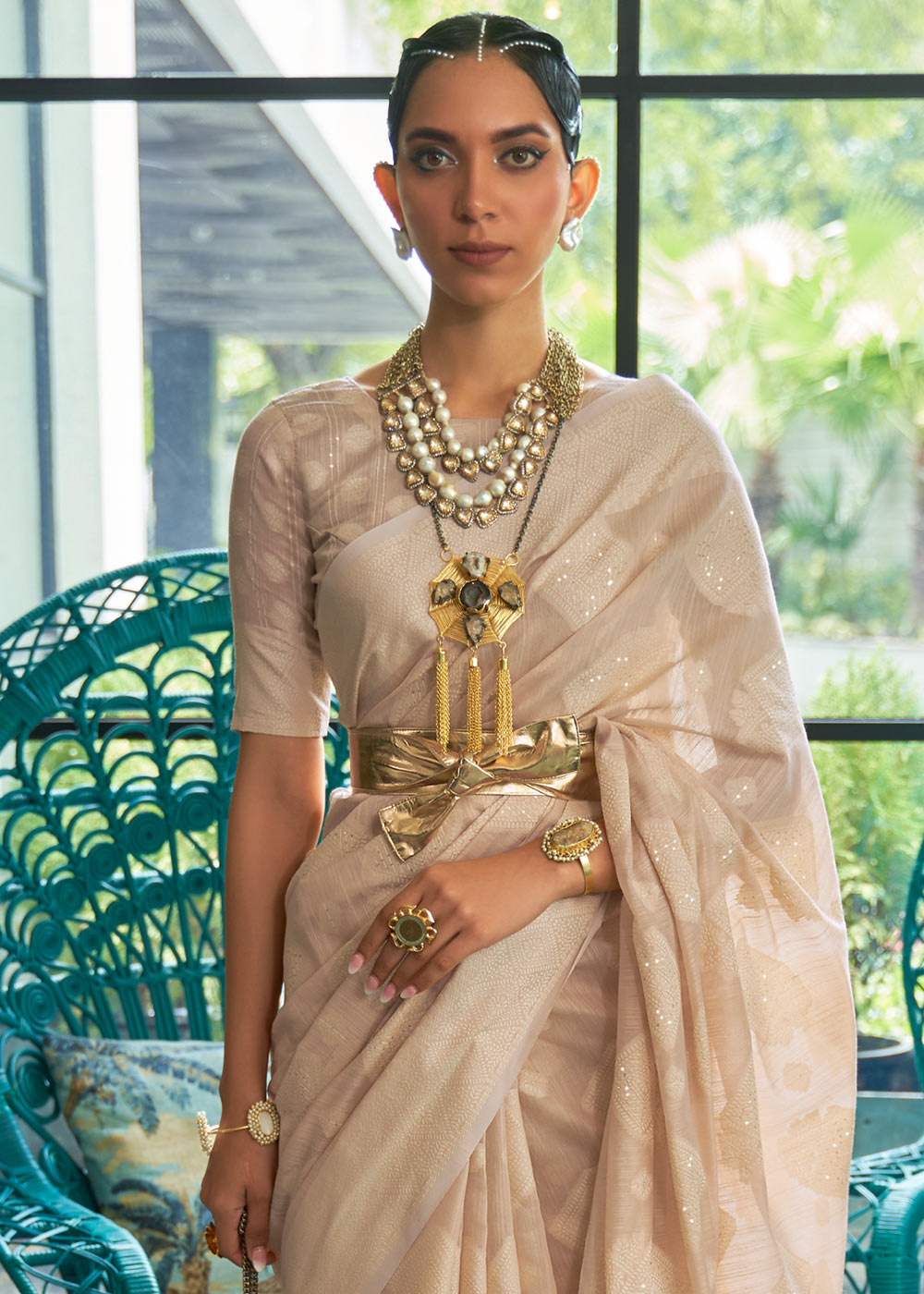 Shades Of Brown Chikankari Weaving Silk Saree with Sequins work Clothsvilla