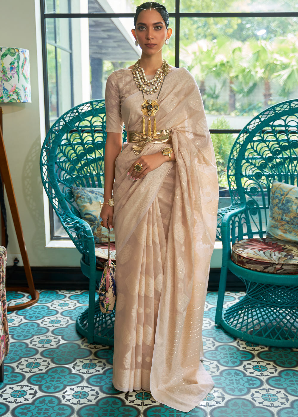 Shades Of Brown Chikankari Weaving Silk Saree with Sequins work Clothsvilla