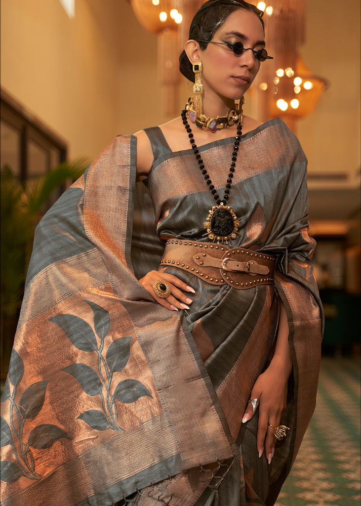 Charcoal Grey Zari Woven Handloom Weaving Silk Saree Clothsvilla
